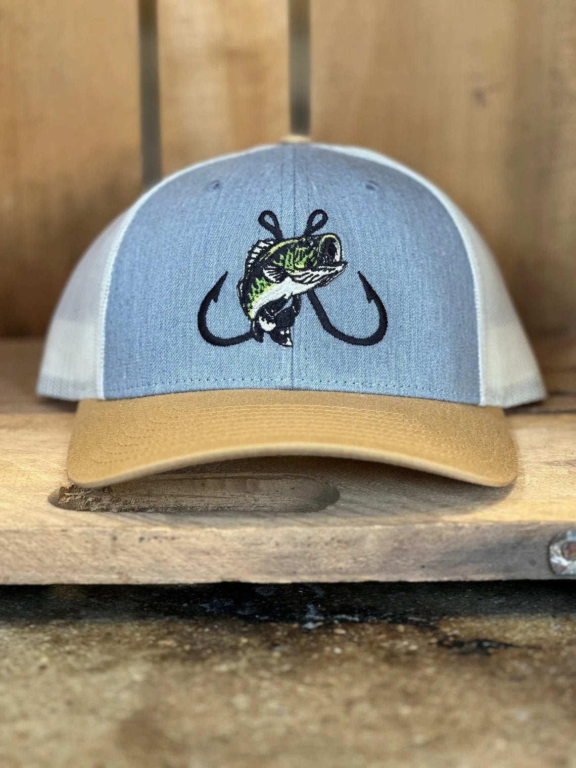 Bass Fishing Embroidered Trucker Hat - Largemouth Bass Fisherman - Fishing Hooks